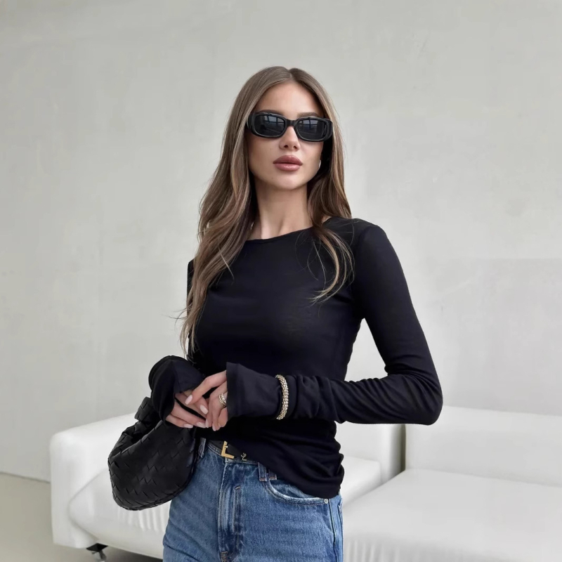 Tricou doamnă slim-fit cu guler rotund și mâneci clopot, amestec poliester-spandex, model solid, lungime scurtă