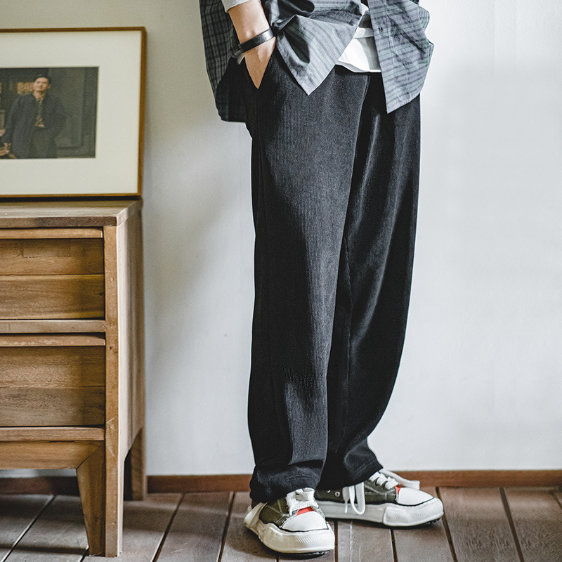Pantaloni casual pentru bărbați din corduroy, croială conică, talie medie, închidere cu șnur, micro-elasticitate