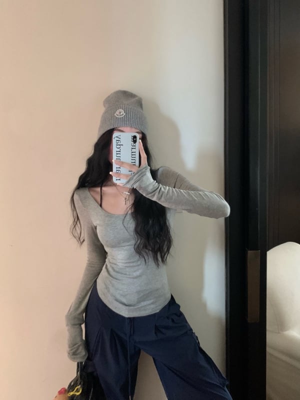 Poliesterska majica s dugim rukavima, okrugli izrez, slim kroj, Temperament Commuter stil, ljeto 2024