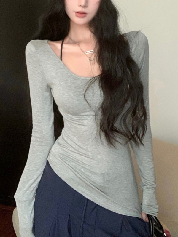 Poliesterska majica s dugim rukavima, okrugli izrez, slim kroj, Temperament Commuter stil, ljeto 2024