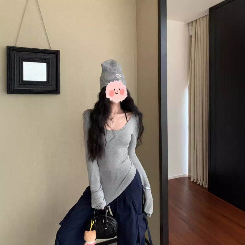 Poliesterska majica s dugim rukavima, okrugli izrez, slim kroj, Temperament Commuter stil, ljeto 2024