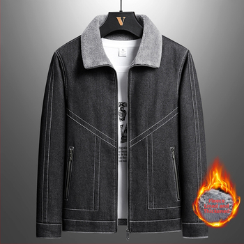 Muška denim jakna s flis podstavom, debela, ovratnik s reverom, zatvarač, gradski stil