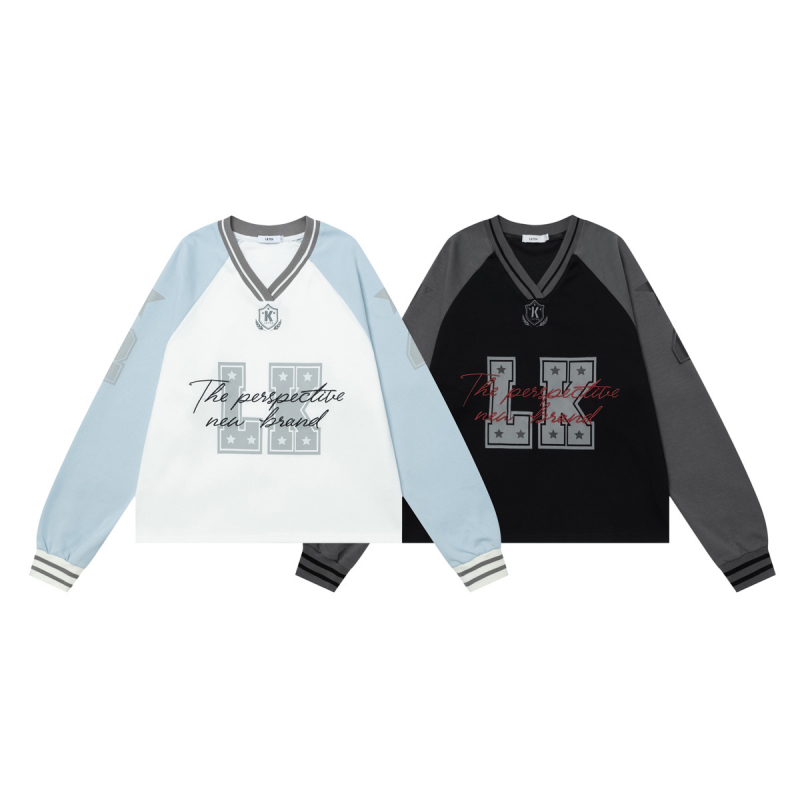 Tricou damă din bumbac cu imprimeu text, decolteu în V, mâneci lungi, croială lejeră, 50–70% bumbac