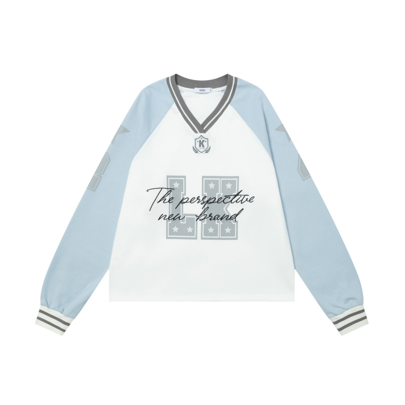 Tricou damă din bumbac cu imprimeu text, decolteu în V, mâneci lungi, croială lejeră, 50–70% bumbac