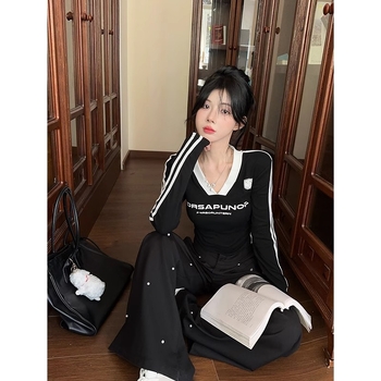 Ženska majica s dugim rukavima, korejskog stila, V-izrez, kratka duljina, uski kroj, poliester