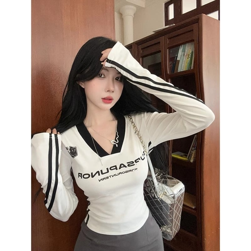 Ženska majica s dugim rukavima, korejskog stila, V-izrez, kratka duljina, uski kroj, poliester