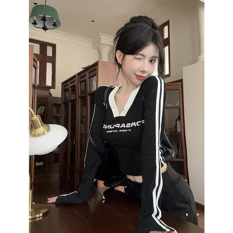 Ženska majica s dugim rukavima, korejskog stila, V-izrez, kratka duljina, uski kroj, poliester