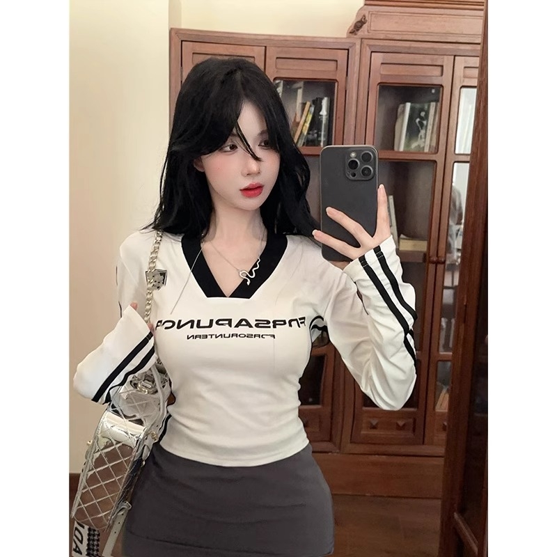 Ženska majica s dugim rukavima, korejskog stila, V-izrez, kratka duljina, uski kroj, poliester