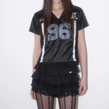 T- majica s čipkastim kolažem i 3D uzorkom, V-dekolte, kratka rukava, slobodan kroj, poliester džerse