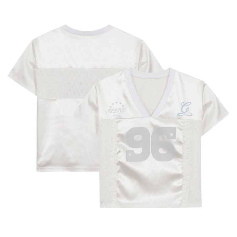 T- majica s čipkastim kolažem i 3D uzorkom, V-dekolte, kratka rukava, slobodan kroj, poliester džerse