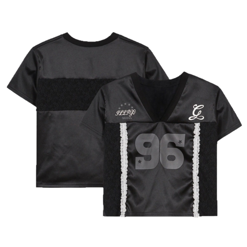 T- majica s čipkastim kolažem i 3D uzorkom, V-dekolte, kratka rukava, slobodan kroj, poliester džerse