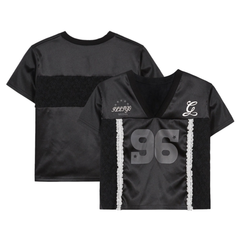 T- majica s čipkastim kolažem i 3D uzorkom, V-dekolte, kratka rukava, slobodan kroj, poliester džerse