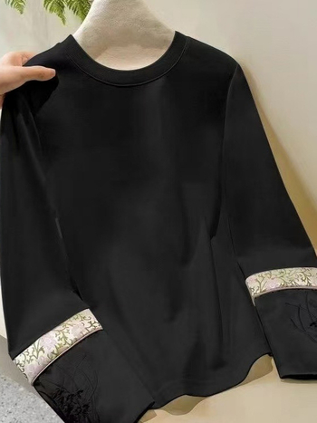 Ženska majica s dugim rukavima od pamuka, labav kroj, okrugli vrat, kineska vezen, 95%+ pamuka