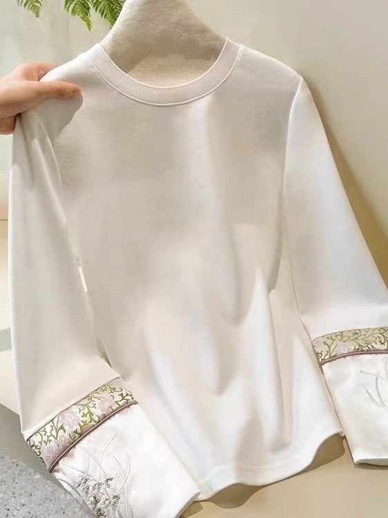 Ženska majica s dugim rukavima od pamuka, labav kroj, okrugli vrat, kineska vezen, 95%+ pamuka