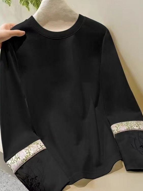 Ženska majica s dugim rukavima od pamuka, labav kroj, okrugli vrat, kineska vezen, 95%+ pamuka