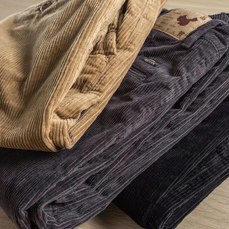 Corduroy muške casual hlače ravnog kroja — zima, srednji pojas, poliesterska smjesa 65%, strojno pranje