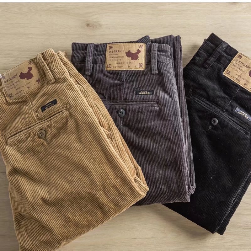 Corduroy muške casual hlače ravnog kroja — zima, srednji pojas, poliesterska smjesa 65%, strojno pranje