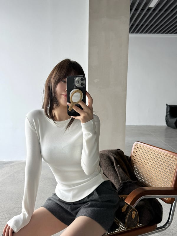 Wang Qizhi ženski slim-fit T-shirt s dugim rukavom, okrugli izrez, pamuk mješavina 50-70%