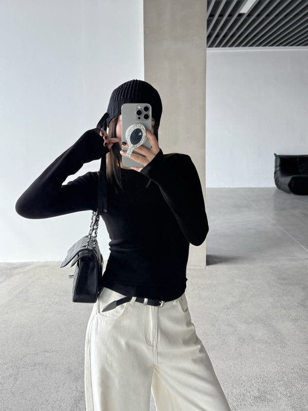 Wang Qizhi ženski slim-fit T-shirt s dugim rukavom, okrugli izrez, pamuk mješavina 50-70%