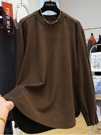 Majica s dugim rukavima, brušteni poliester, jednobojna, pulover stil, okrugli ovratnik, srednja duljina