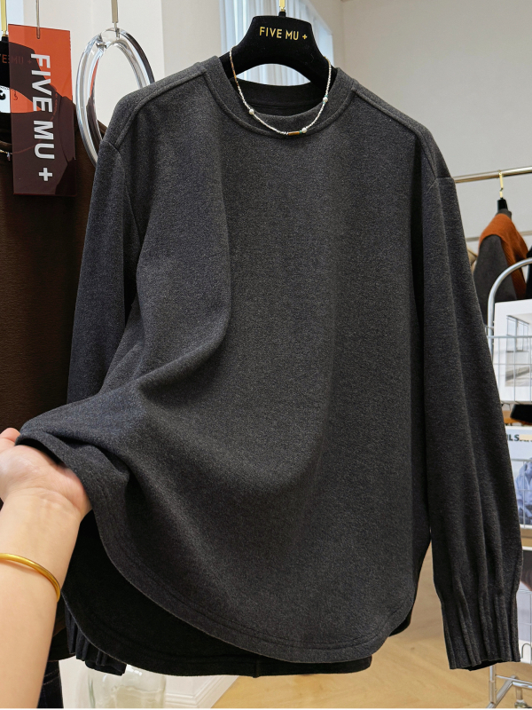 Majica s dugim rukavima, brušteni poliester, jednobojna, pulover stil, okrugli ovratnik, srednja duljina