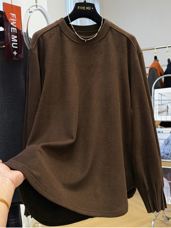 Majica s dugim rukavima, brušteni poliester, jednobojna, pulover stil, okrugli ovratnik, srednja duljina