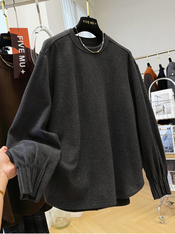 Majica s dugim rukavima, brušteni poliester, jednobojna, pulover stil, okrugli ovratnik, srednja duljina