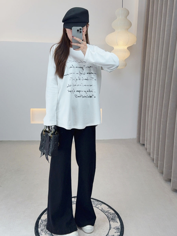 Ženska poliester majica s dugim rukavima, okrugli izrez, otisak s slovima, srednja duljina