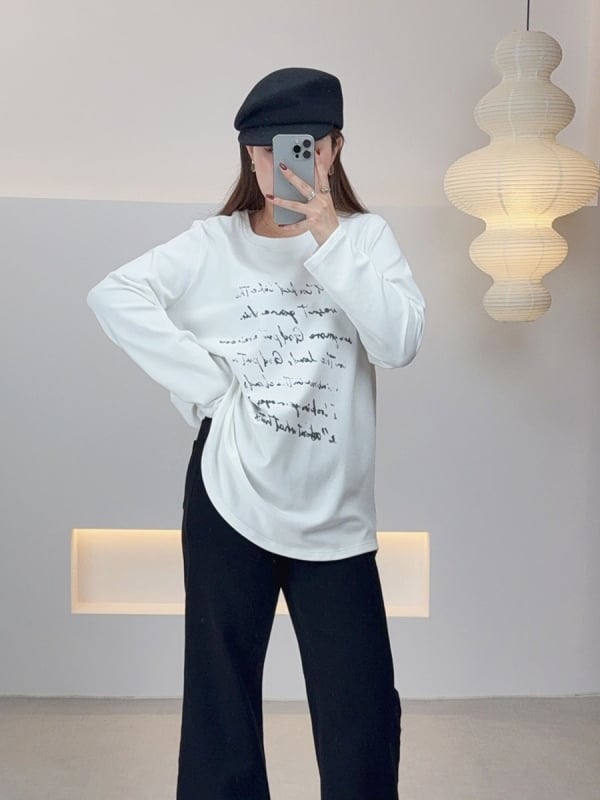 Ženska poliester majica s dugim rukavima, okrugli izrez, otisak s slovima, srednja duljina