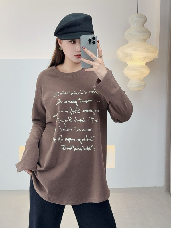 Ženska poliester majica s dugim rukavima, okrugli izrez, otisak s slovima, srednja duljina