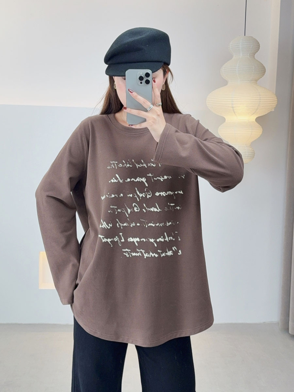 Ženska poliester majica s dugim rukavima, okrugli izrez, otisak s slovima, srednja duljina