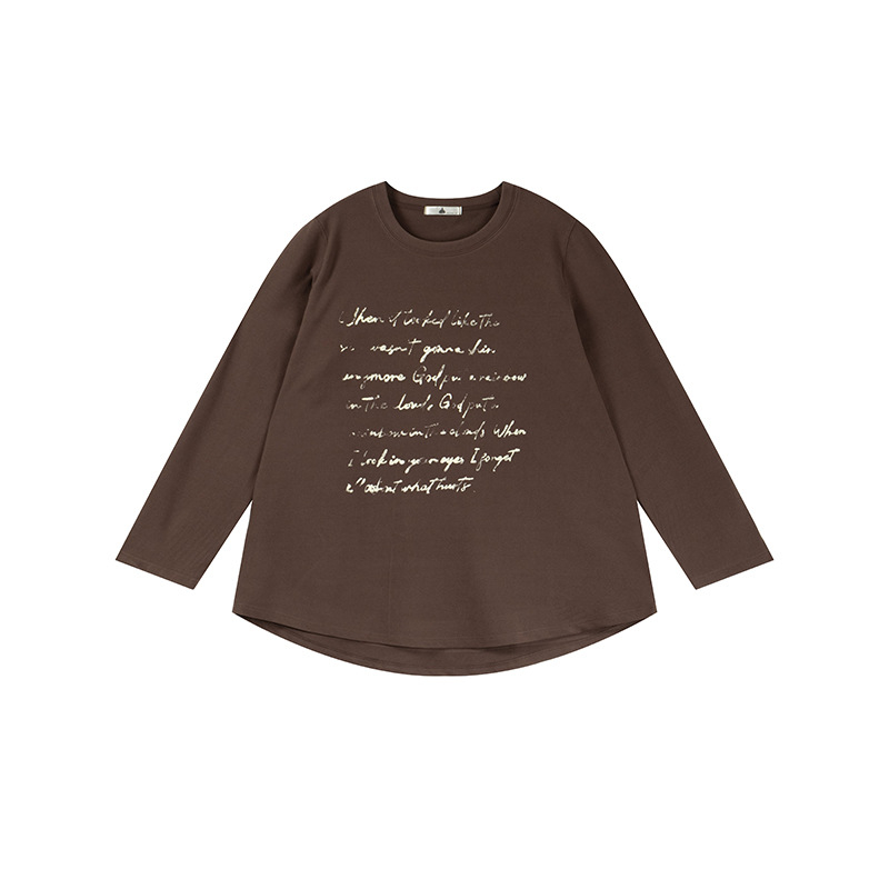 Ženska poliester majica s dugim rukavima, okrugli izrez, otisak s slovima, srednja duljina