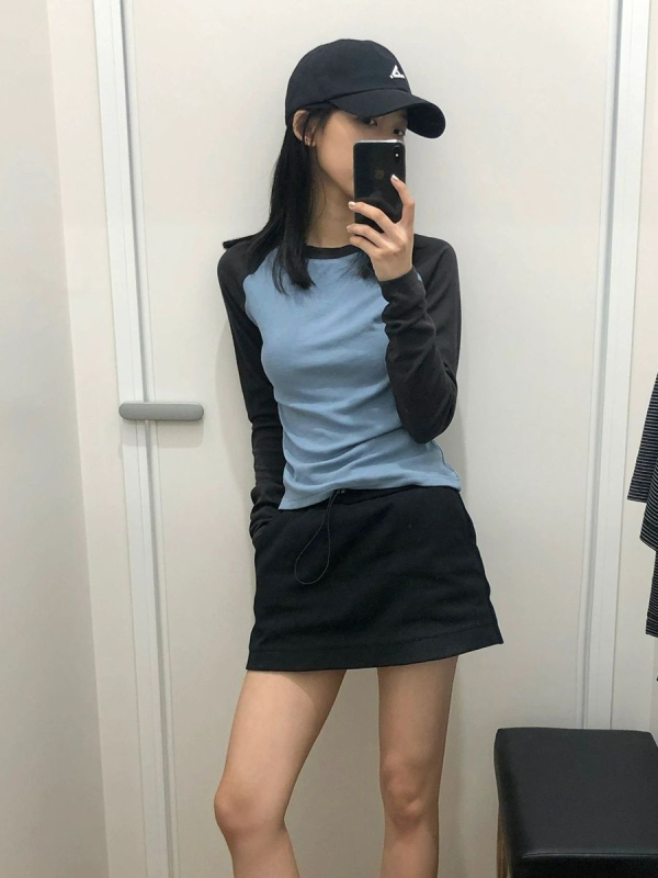Tricou damă cu mâneci lungi raglan, guler rotund, croială Slim-fit, bumbac-spandex