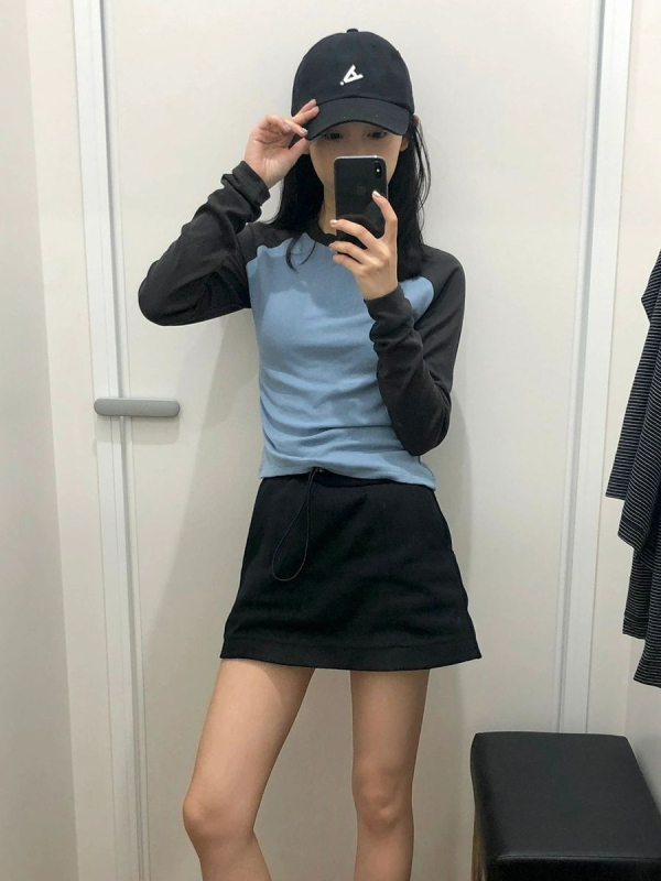 Tricou damă cu mâneci lungi raglan, guler rotund, croială Slim-fit, bumbac-spandex