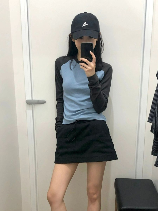 Tricou damă cu mâneci lungi raglan, guler rotund, croială Slim-fit, bumbac-spandex