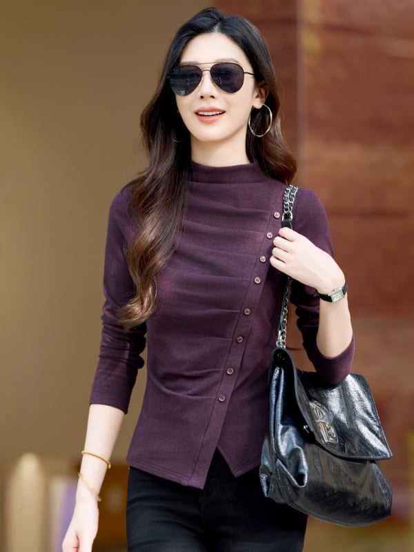 Crocis ženski top u uskom kroju s polu-visokom ovratnikom, dugih rukava, panelni šavovi, mješavina viskoze i poliestera