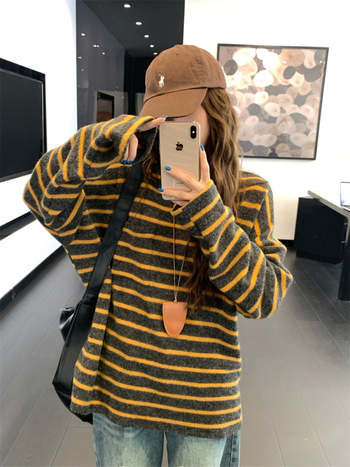 Ženski majica s dugim rukavima u korejskom stilu, kontrastne pruge, labav kroj, srednja duljina