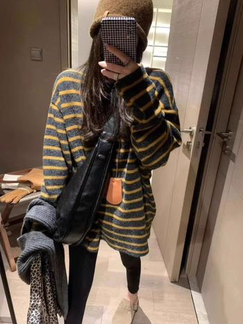 Ženski majica s dugim rukavima u korejskom stilu, kontrastne pruge, labav kroj, srednja duljina