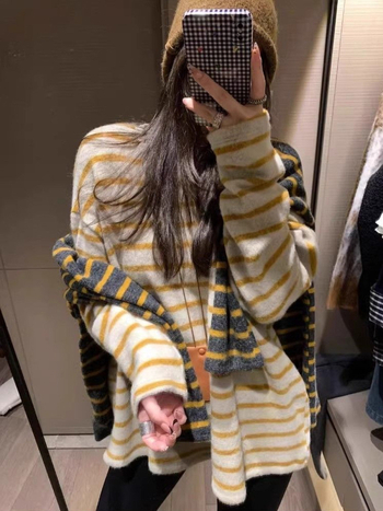 Ženski majica s dugim rukavima u korejskom stilu, kontrastne pruge, labav kroj, srednja duljina