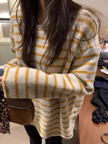 Ženski majica s dugim rukavima u korejskom stilu, kontrastne pruge, labav kroj, srednja duljina