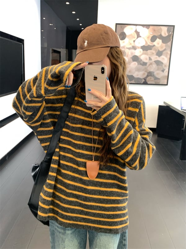 Ženski majica s dugim rukavima u korejskom stilu, kontrastne pruge, labav kroj, srednja duljina