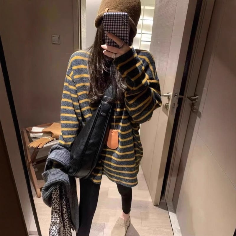 Ženski majica s dugim rukavima u korejskom stilu, kontrastne pruge, labav kroj, srednja duljina