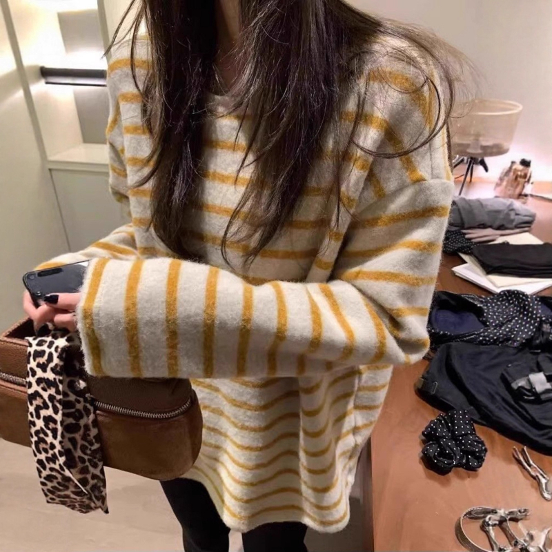 Ženski majica s dugim rukavima u korejskom stilu, kontrastne pruge, labav kroj, srednja duljina