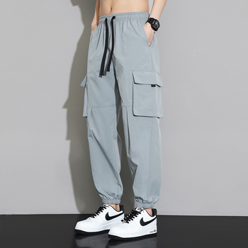 Pantaloni cargo în stil coreean pentru bărbați, ușori, pantaloni de vară cu talie medie și șnur, multe buzunare, poliester