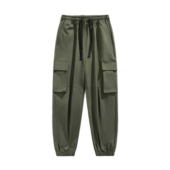 Pantaloni cargo în stil coreean pentru bărbați, ușori, pantaloni de vară cu talie medie și șnur, multe buzunare, poliester