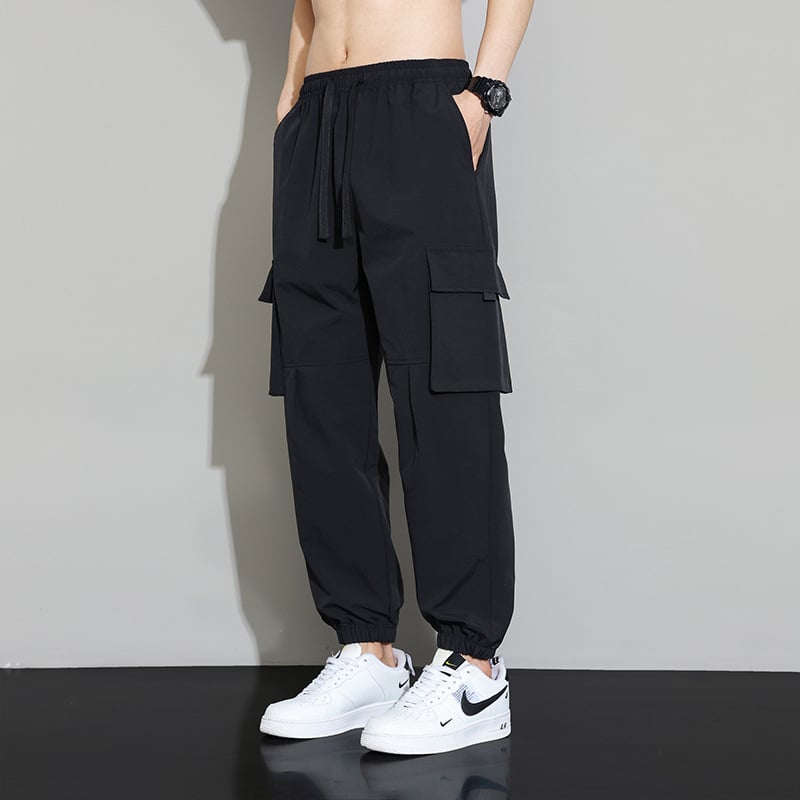 Pantaloni cargo în stil coreean pentru bărbați, ușori, pantaloni de vară cu talie medie și șnur, multe buzunare, poliester