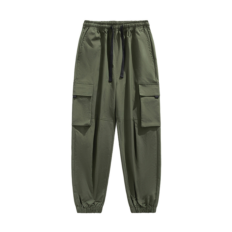 Pantaloni cargo în stil coreean pentru bărbați, ușori, pantaloni de vară cu talie medie și șnur, multe buzunare, poliester