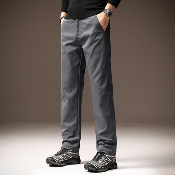 Pantaloni casual drepți pentru bărbați - talie medie, fermoar, poliester, microelasticitate, potriviți pentru primăvară și toamnă