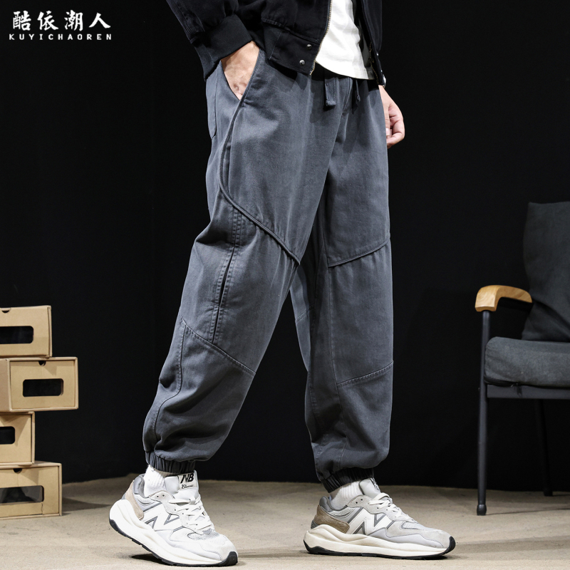 Pantaloni casual din bumbac pentru bărbați, croială lejeră, talie medie, închidere cu șnur, culoare solidă
