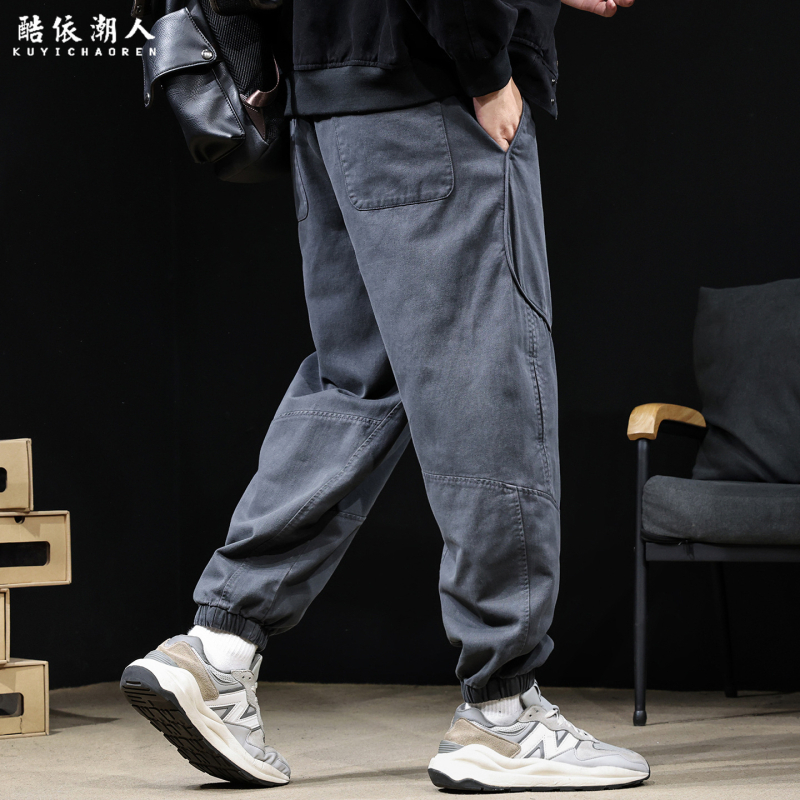 Pantaloni casual din bumbac pentru bărbați, croială lejeră, talie medie, închidere cu șnur, culoare solidă